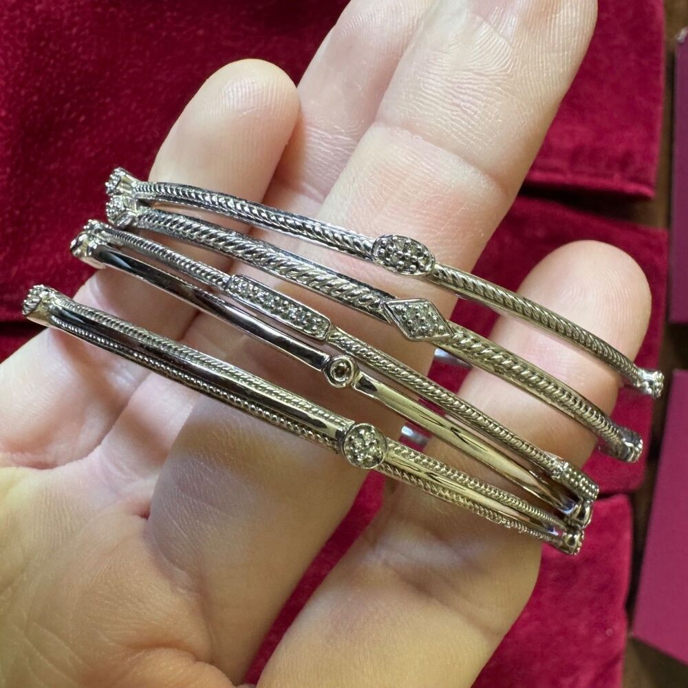 Set of 5 Affinity Diamond Sterling Silver Bangle Bracelets 925 Vintage 8 Inch